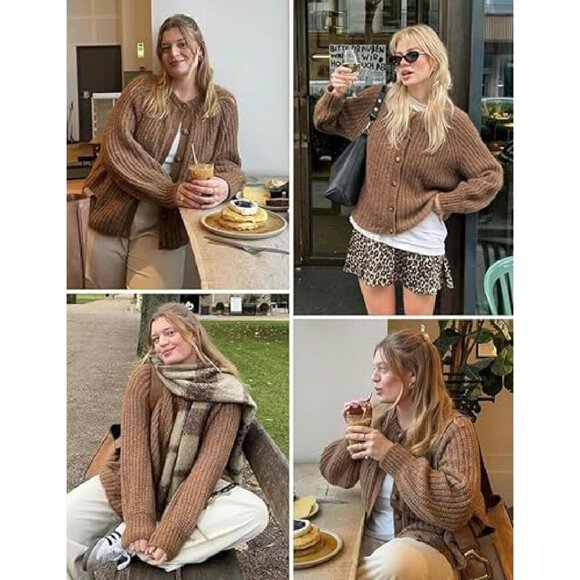 Chunky Knit Button Down Cardigan Sweater Open Front Loose Fit - Picture 6 of 8